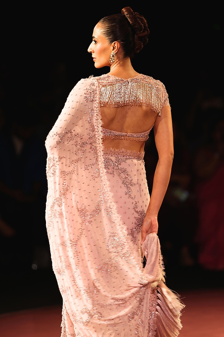 Blush Pink Georgette Crystal Embellished Bridal Saree Set by Dolly J at Pernia's Pop Up Shop