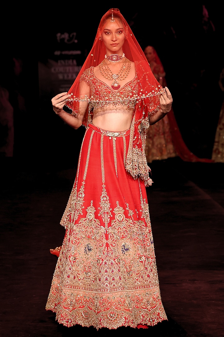 Scarlet Red Handloom Raw Silk Zardosi Embroidered Bridal Bridal Lehenga Set by Dolly J at Pernia's Pop Up Shop