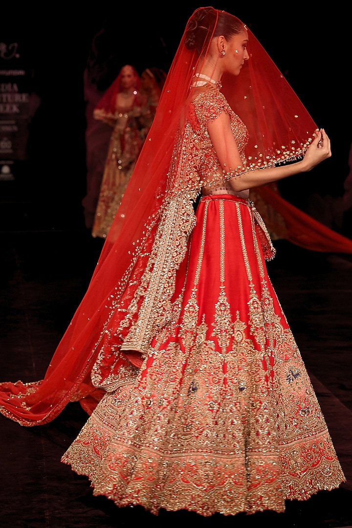 Scarlet Red Handloom Raw Silk Zardosi Embroidered Bridal Bridal Lehenga Set by Dolly J at Pernia's Pop Up Shop