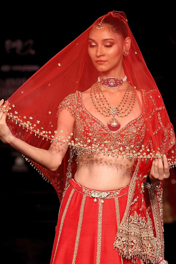 Scarlet Red Handloom Raw Silk Zardosi Embroidered Bridal Bridal Lehenga Set by Dolly J at Pernia's Pop Up Shop