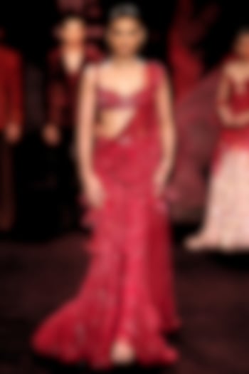 Garnet Wine Shimmer Tulle Floral Motif Embellished Draped Skirt Bridal Saree Set by Dolly J at Pernia's Pop Up Shop
