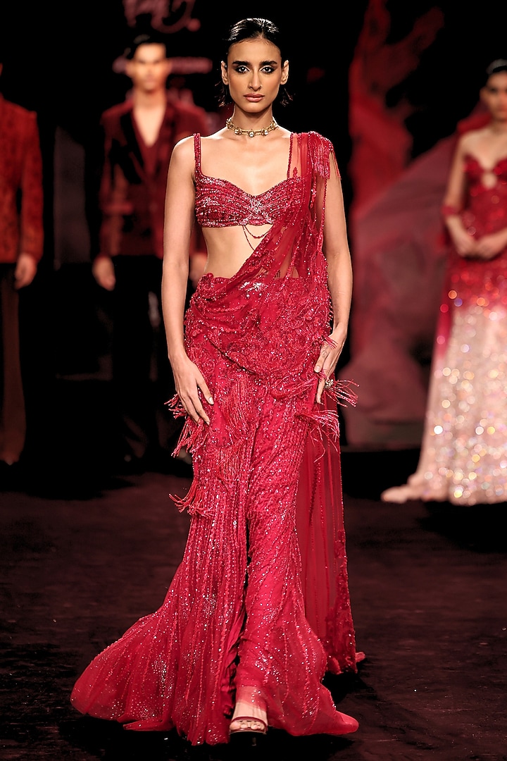 Garnet Wine Shimmer Tulle Floral Motif Embellished Draped Skirt Bridal Saree Set by Dolly J at Pernia's Pop Up Shop