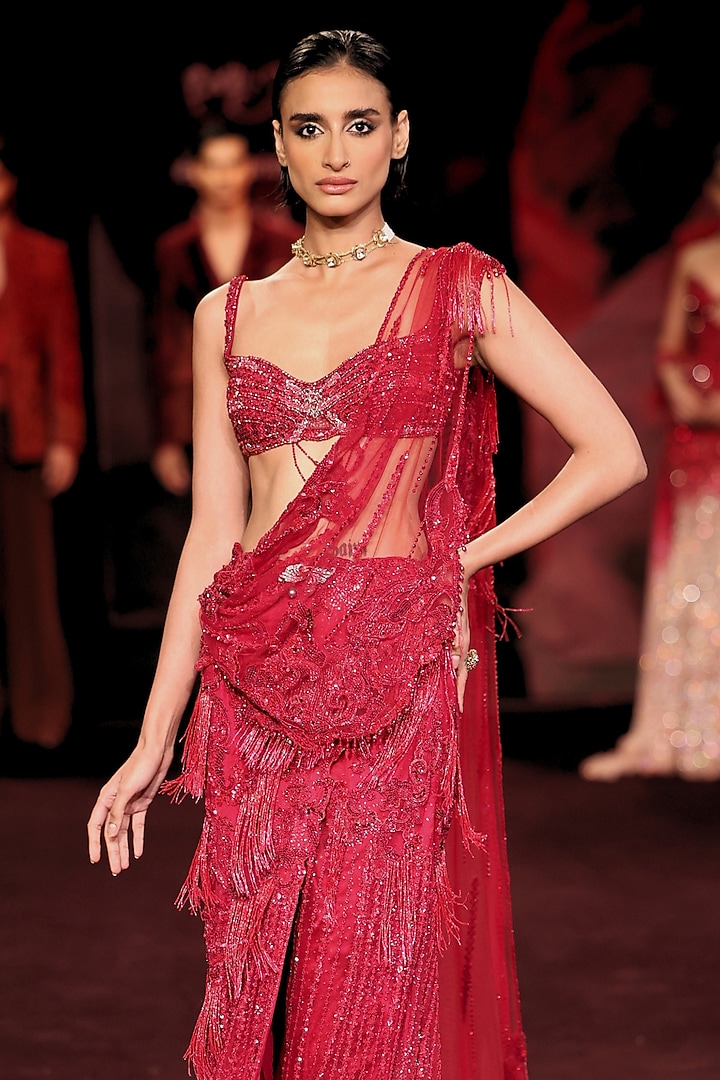Garnet Wine Shimmer Tulle Floral Motif Embellished Draped Skirt Bridal Saree Set by Dolly J at Pernia's Pop Up Shop