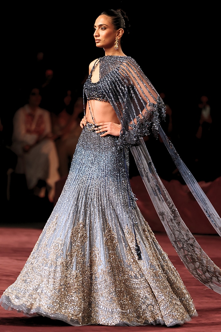 Storm Blue Tulle Crystal Embellished Bridal Lehenga Set by Dolly J at Pernia's Pop Up Shop