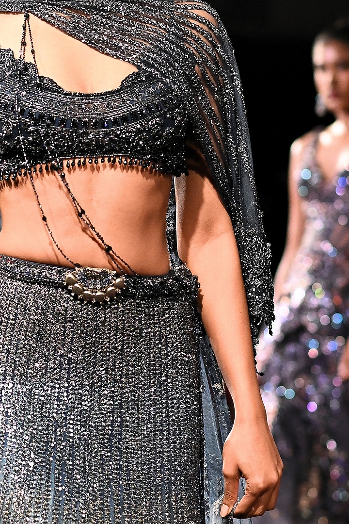 Storm Blue Tulle Crystal Embellished Bridal Lehenga Set by Dolly J at Pernia's Pop Up Shop