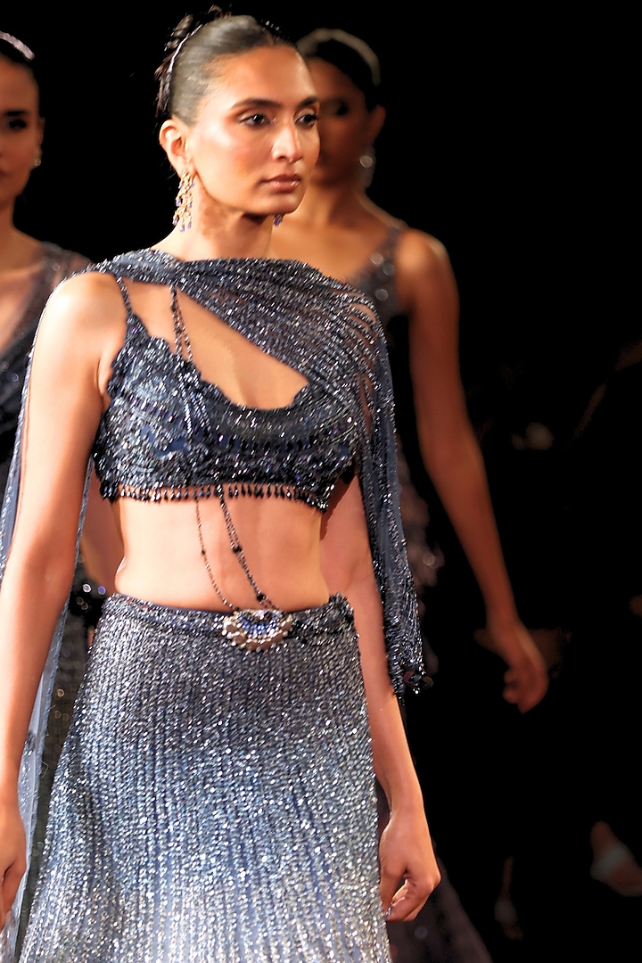 Storm Blue Tulle Crystal Embellished Bridal Lehenga Set by Dolly J at Pernia's Pop Up Shop