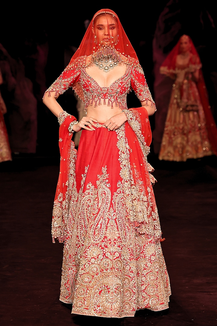 Scarlet Red Handloom Raw Silk Crystal Embroidered Bridal Bridal Lehenga Set by Dolly J at Pernia's Pop Up Shop