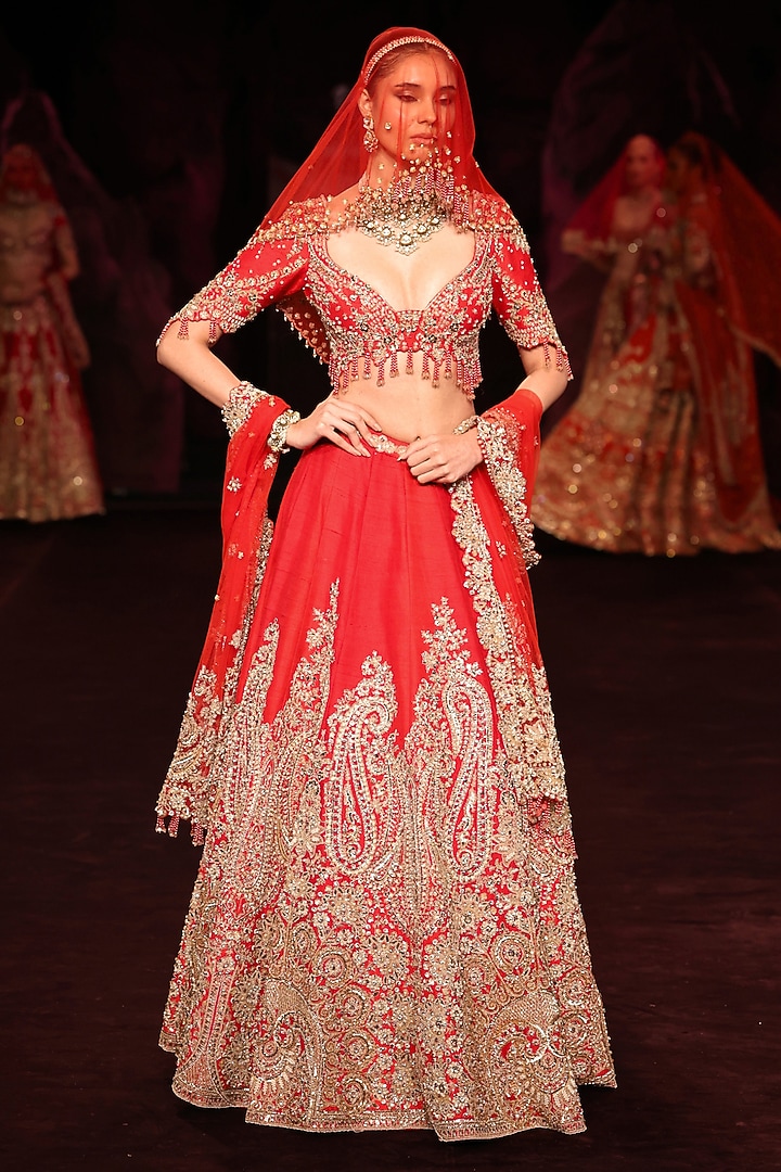 Scarlet Red Handloom Raw Silk Crystal Embroidered Bridal Bridal Lehenga Set by Dolly J at Pernia's Pop Up Shop