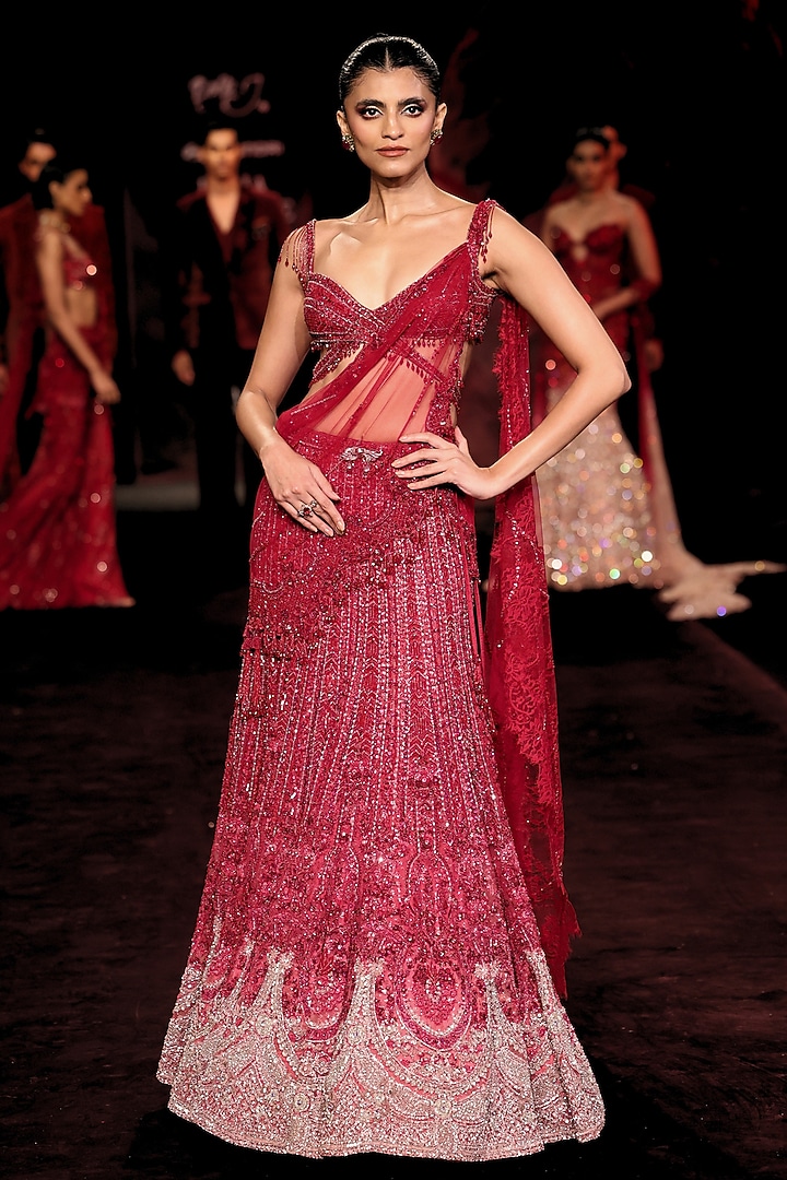 Garnet Rose Ombre Tulle Crystal Embellished Bridal Lehenga Set by Dolly J at Pernia's Pop Up Shop