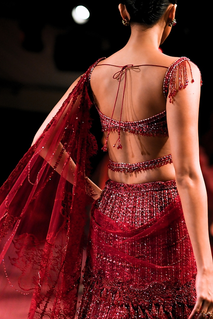 Garnet Rose Ombre Tulle Crystal Embellished Bridal Lehenga Set by Dolly J at Pernia's Pop Up Shop
