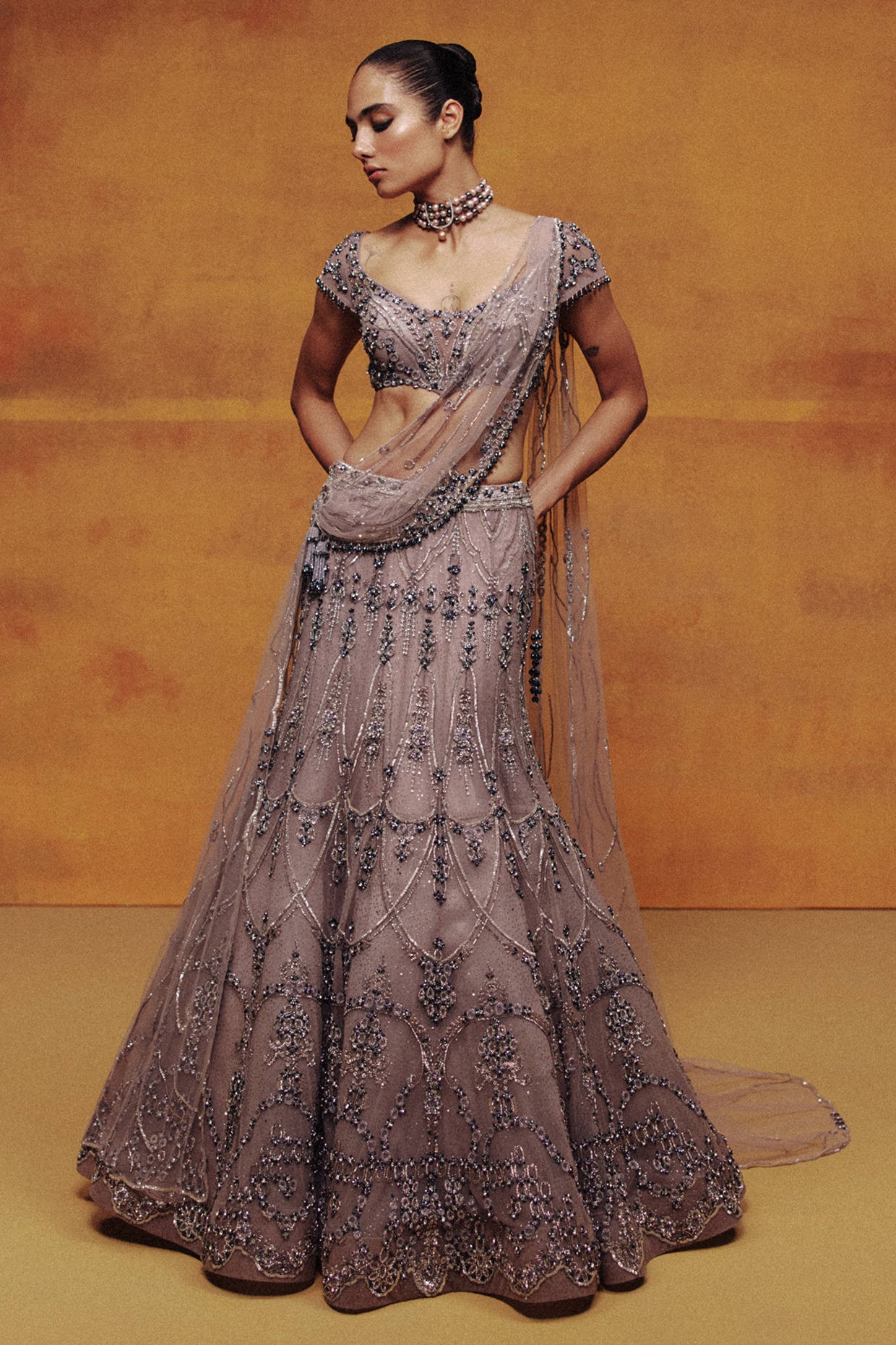 Dolly J Lavender Tulle Hand Embroidered Cocktail Lehenga Set