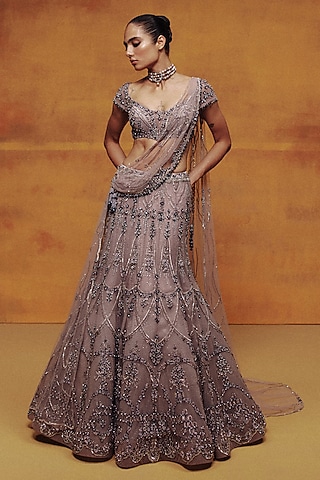 Lavender Tulle Hand Embroidered Cocktail Lehenga Set by Dolly J