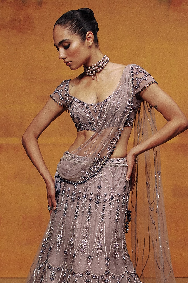 Lavender Tulle Hand Embroidered Cocktail Bridal Lehenga Set by Dolly J at Pernia's Pop Up Shop