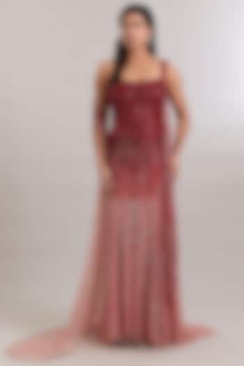 Blood Red & Pink Ombre Shimmer Hand Embroidered Bridal Lehenga Set by Dolly J at Pernia's Pop Up Shop