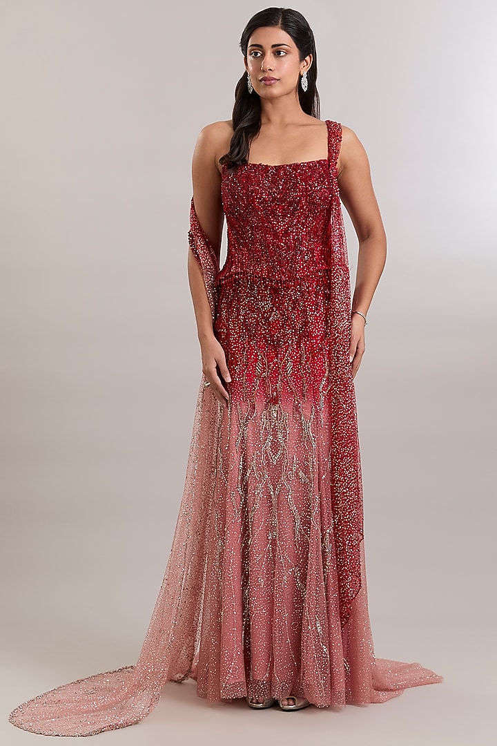 Blood Red & Pink Ombre Shimmer Hand Embroidered Bridal Lehenga Set by Dolly J at Pernia's Pop Up Shop