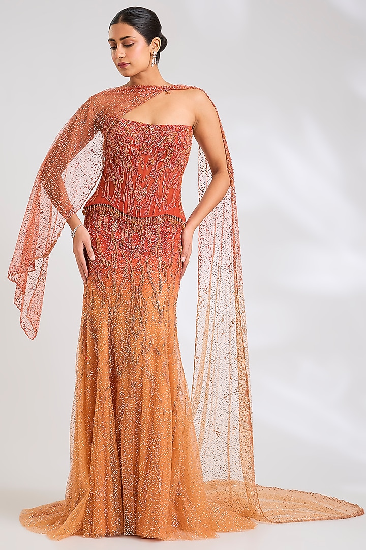 Rust Gold Shimmer Tulle Hand Embroidered Ombre Bridal Lehenga Set by Dolly J at Pernia's Pop Up Shop
