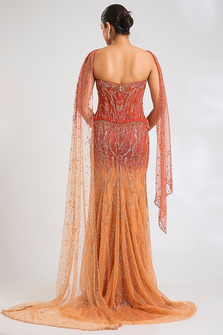 Rust Gold Shimmer Tulle Hand Embroidered Ombre Bridal Lehenga Set by Dolly J at Pernia's Pop Up Shop
