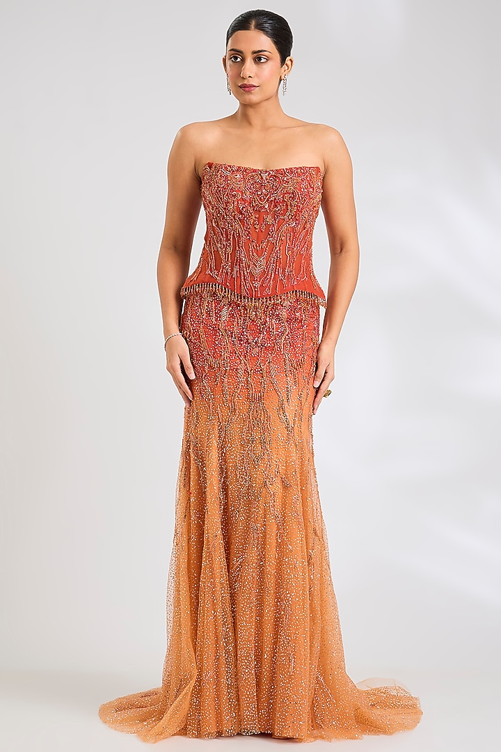 Rust Gold Shimmer Tulle Hand Embroidered Ombre Bridal Lehenga Set by Dolly J at Pernia's Pop Up Shop