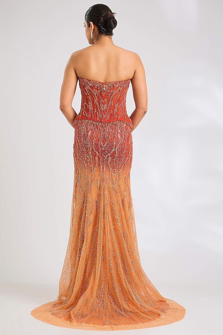 Rust Gold Shimmer Tulle Hand Embroidered Ombre Bridal Lehenga Set by Dolly J at Pernia's Pop Up Shop