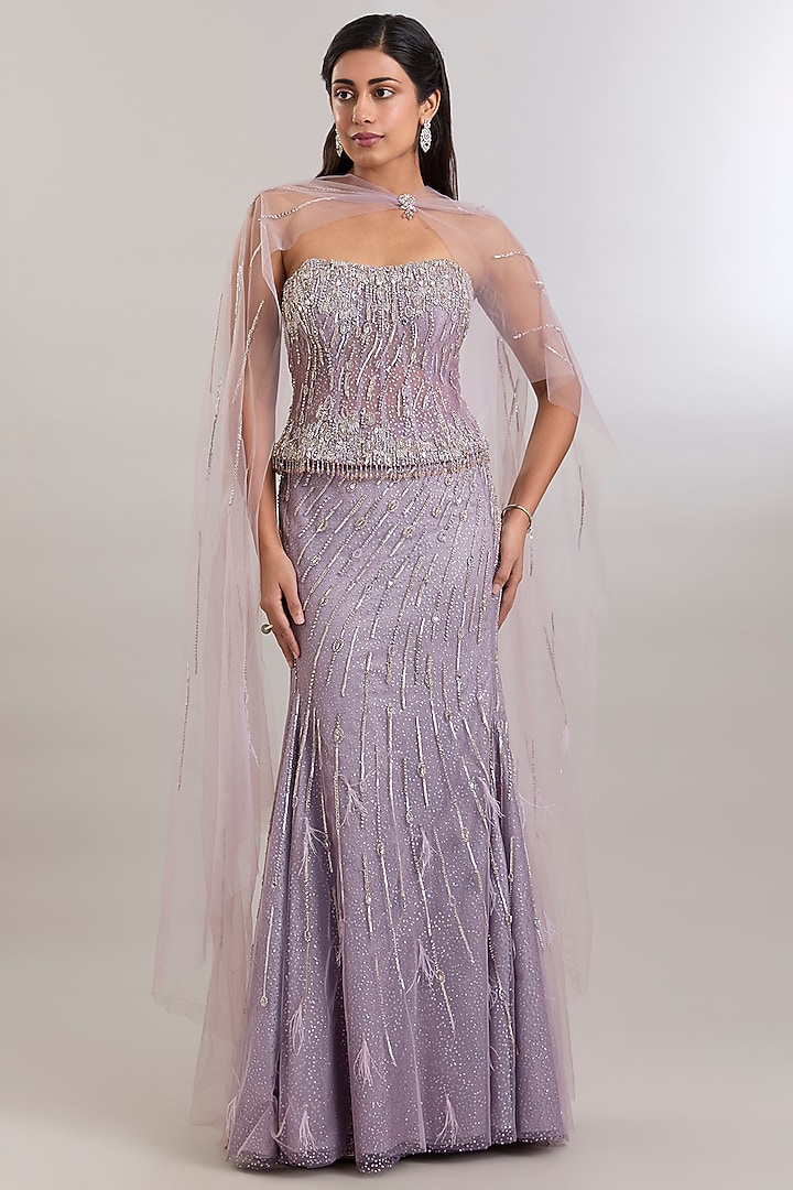 Light Mauve Shimmer Hand Embroidered Bridal Lehenga Set by Dolly J at Pernia's Pop Up Shop
