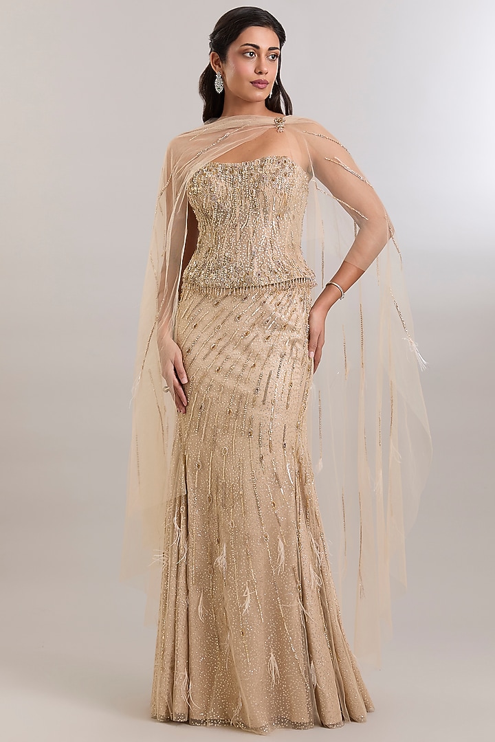 Beige Shimmer Hand Embroidered Bridal Lehenga Set by Dolly J at Pernia's Pop Up Shop