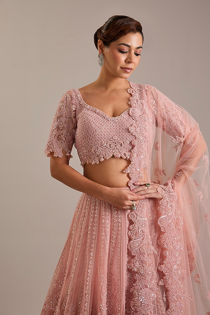 Blush Pink Tulle Embroidered Bridal Bridal Lehenga Set by Dolly J at Pernia's Pop Up Shop