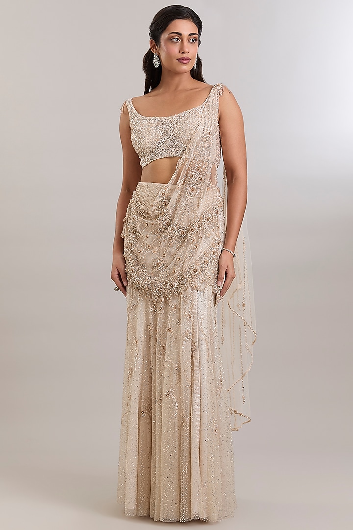 Ivory Net Hand Embroidered Draped Reception Saree Set by Dolly J at Pernia's Pop Up Shop