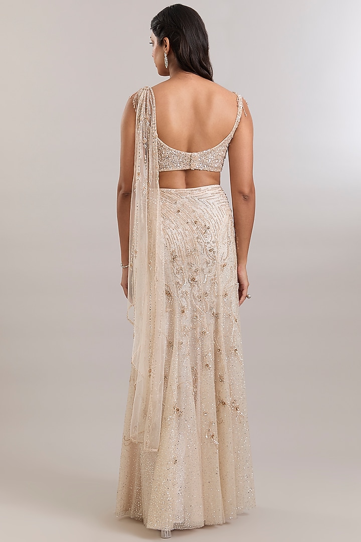 Ivory Net Hand Embroidered Draped Reception Saree Set by Dolly J at Pernia's Pop Up Shop