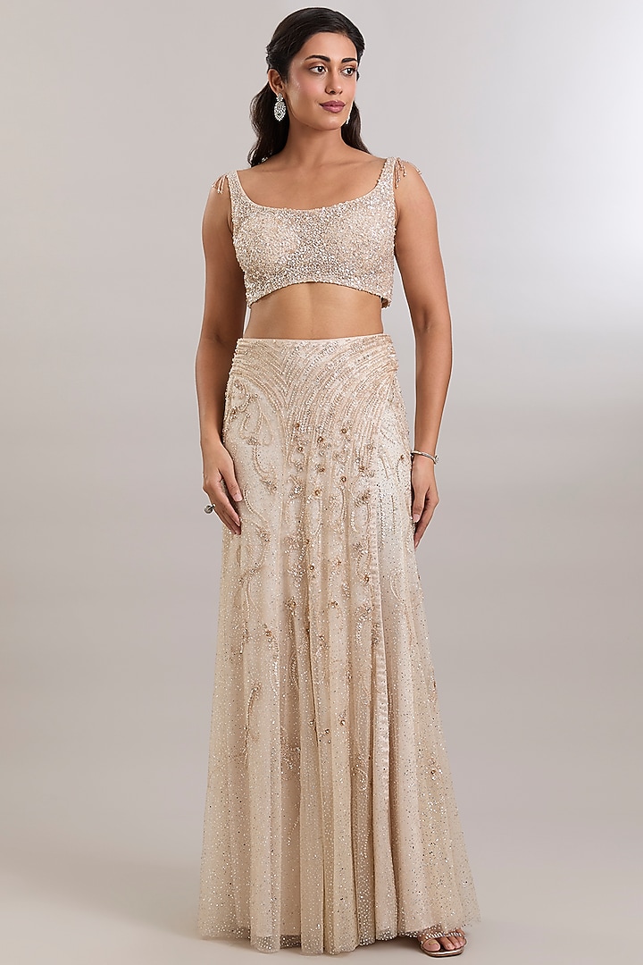Ivory Net Hand Embroidered Draped Reception Saree Set by Dolly J at Pernia's Pop Up Shop