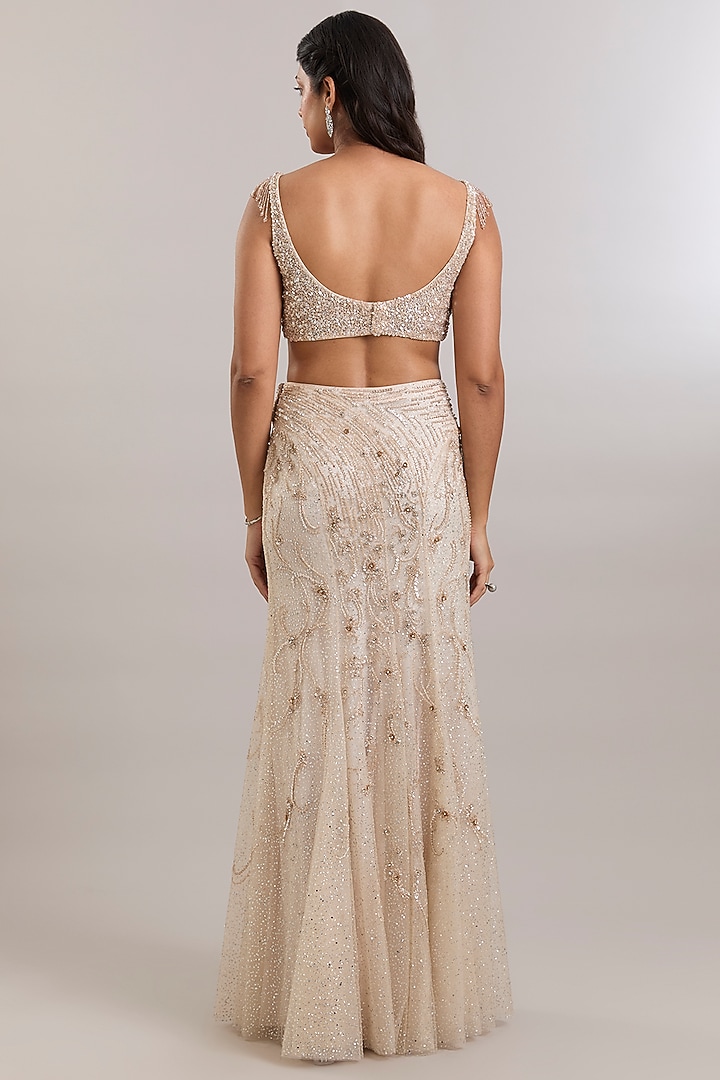 Ivory Net Hand Embroidered Draped Reception Saree Set by Dolly J at Pernia's Pop Up Shop