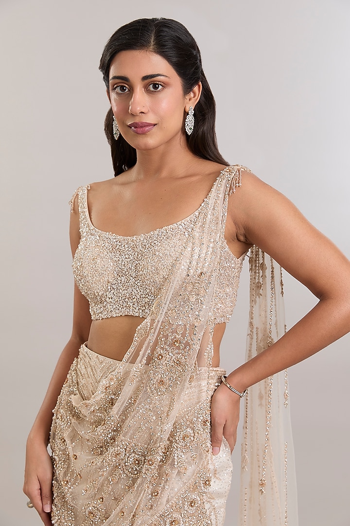 Ivory Net Hand Embroidered Draped Reception Saree Set by Dolly J at Pernia's Pop Up Shop