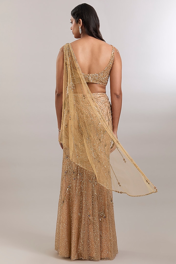 Gold Net Hand Embroidered Draped Reception Saree Set by Dolly J at Pernia's Pop Up Shop
