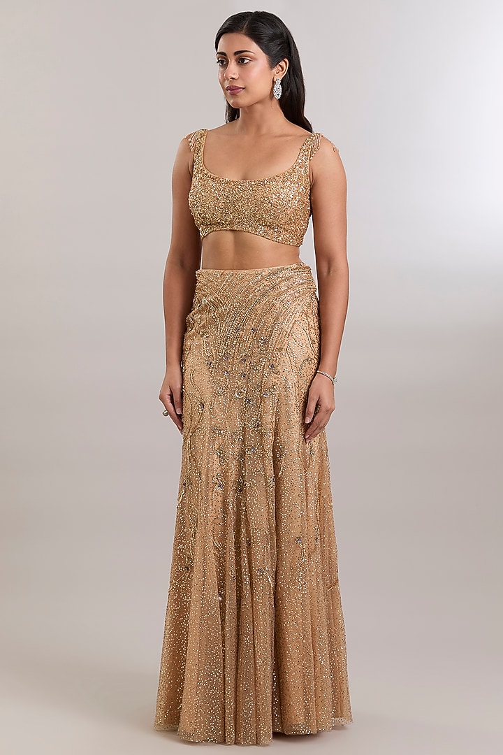 Gold Net Hand Embroidered Draped Reception Saree Set by Dolly J at Pernia's Pop Up Shop