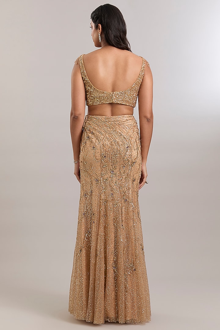 Gold Net Hand Embroidered Draped Reception Saree Set by Dolly J at Pernia's Pop Up Shop