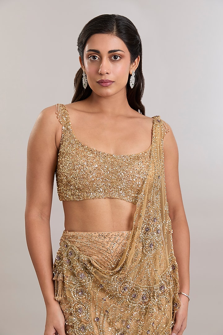 Gold Net Hand Embroidered Draped Reception Saree Set by Dolly J at Pernia's Pop Up Shop