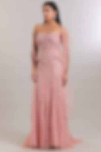 Blush Pink Tulle Thread Embroidered Bridal Lehenga Set by Dolly J at Pernia's Pop Up Shop