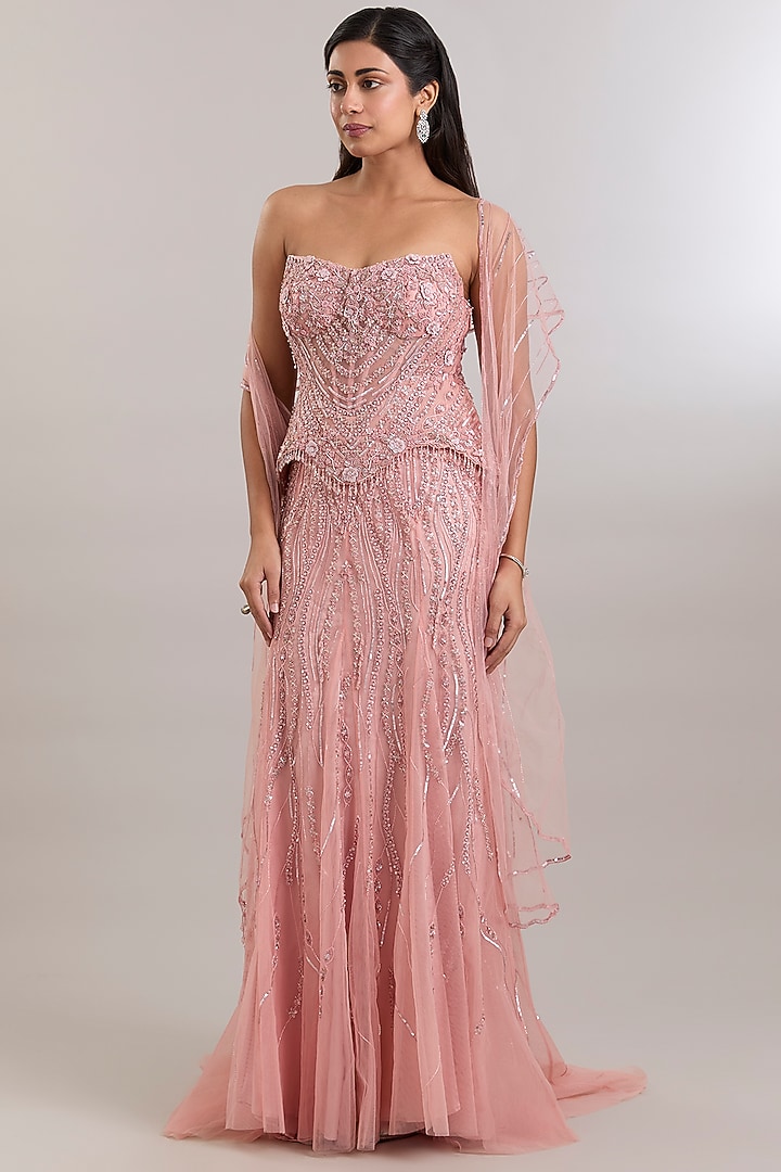 Blush Pink Tulle Thread Embroidered Bridal Lehenga Set by Dolly J at Pernia's Pop Up Shop
