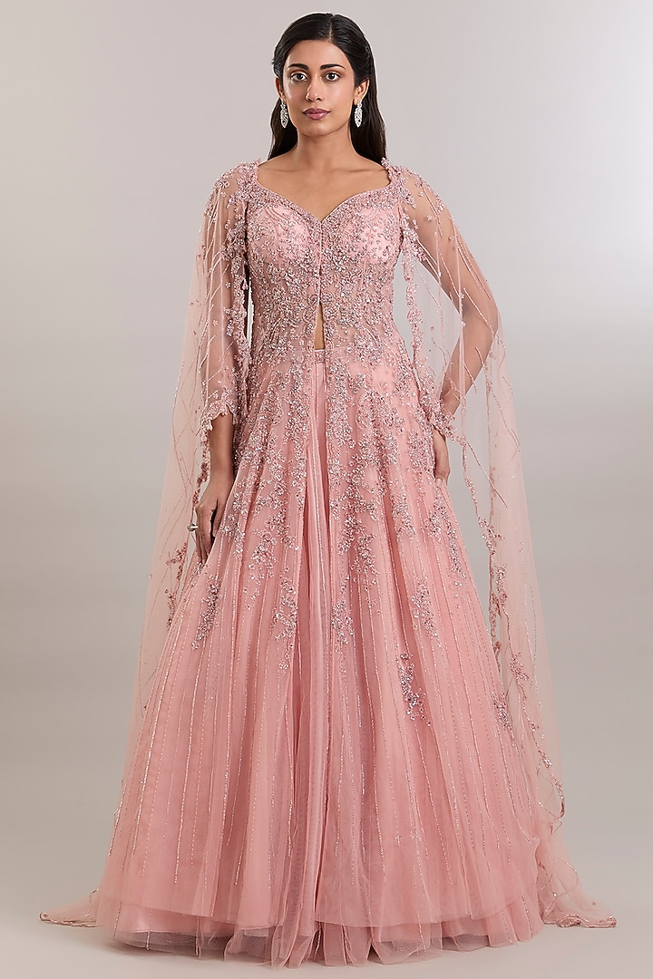 Blush Pink Chiffon 3D Dori Embellished Bridal Lehenga Set by Dolly J at Pernia's Pop Up Shop