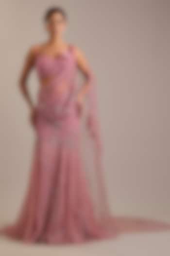 Pink Shimmer Tulle Crystal Embroidered Draped Bridal Saree Set by Dolly J at Pernia's Pop Up Shop