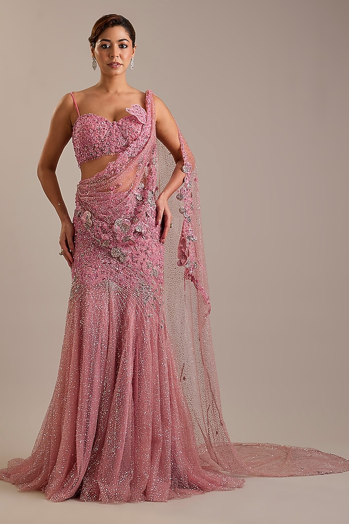 Pink Shimmer Tulle Crystal Embroidered Draped Bridal Saree Set by Dolly J at Pernia's Pop Up Shop