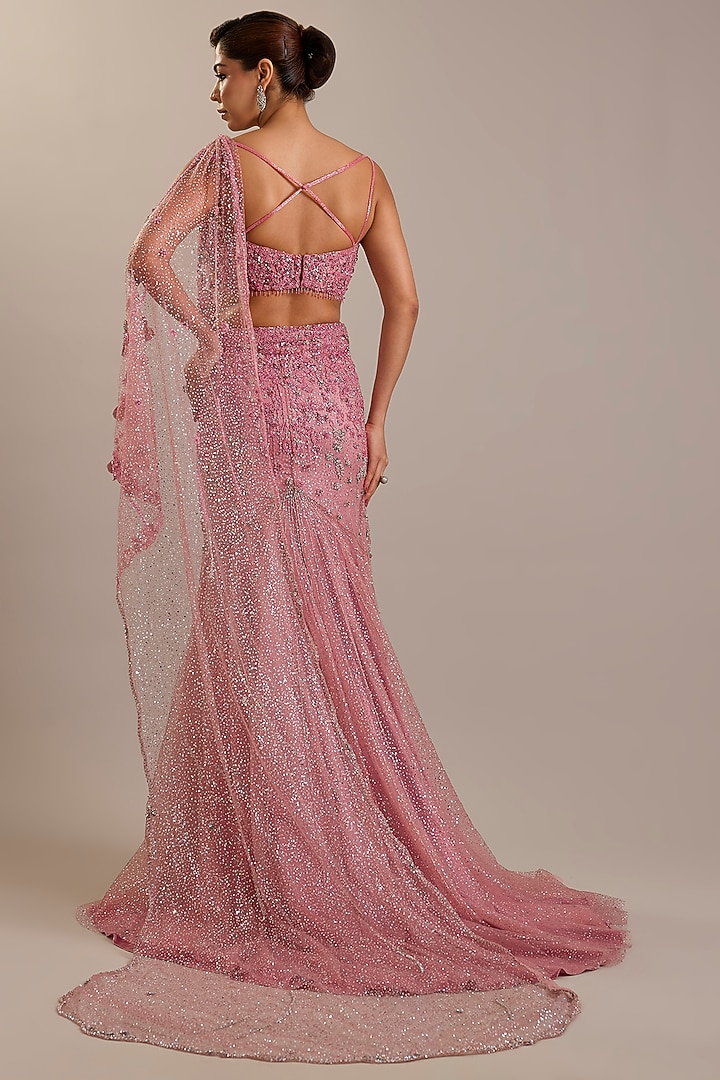 Pink Shimmer Tulle Crystal Embroidered Draped Bridal Saree Set by Dolly J at Pernia's Pop Up Shop