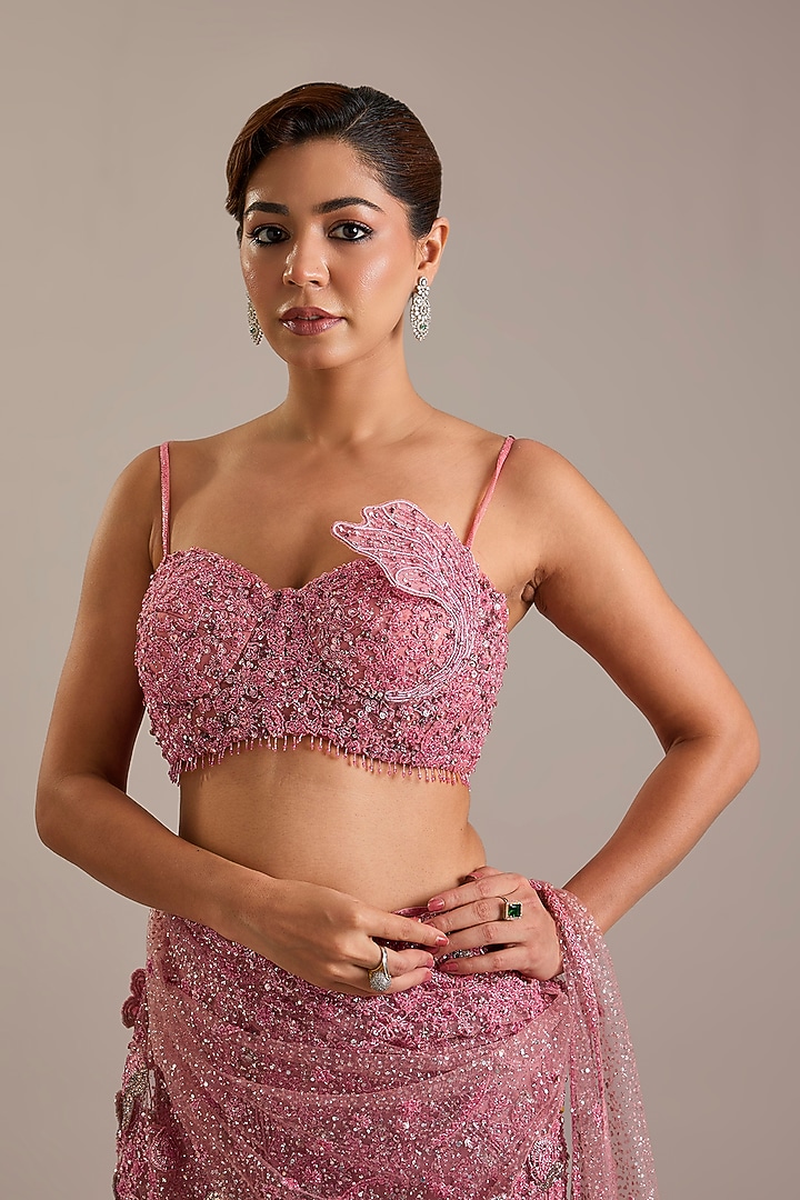 Pink Shimmer Tulle Crystal Embroidered Draped Bridal Saree Set by Dolly J at Pernia's Pop Up Shop