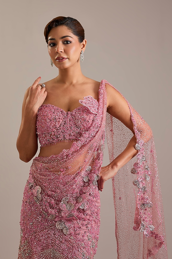 Pink Shimmer Tulle Crystal Embroidered Draped Bridal Saree Set by Dolly J at Pernia's Pop Up Shop