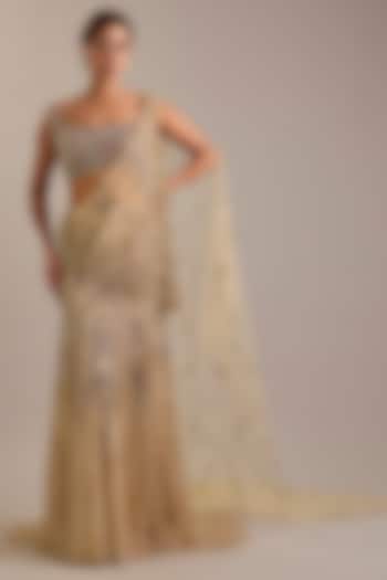 Pale Gold Tulle Crystal Embroidered Draped Skirt Bridal Saree Set by Dolly J at Pernia's Pop Up Shop