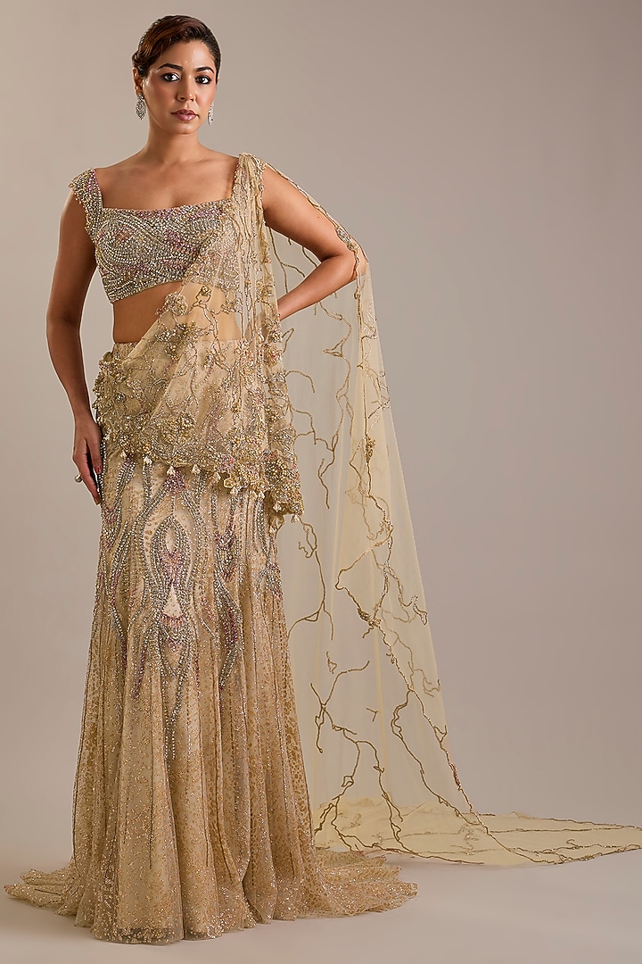 Pale Gold Tulle Crystal Embroidered Draped Skirt Bridal Saree Set by Dolly J at Pernia's Pop Up Shop