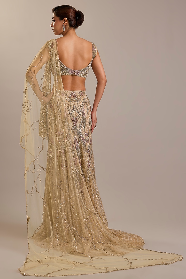 Pale Gold Tulle Crystal Embroidered Draped Skirt Bridal Saree Set by Dolly J at Pernia's Pop Up Shop