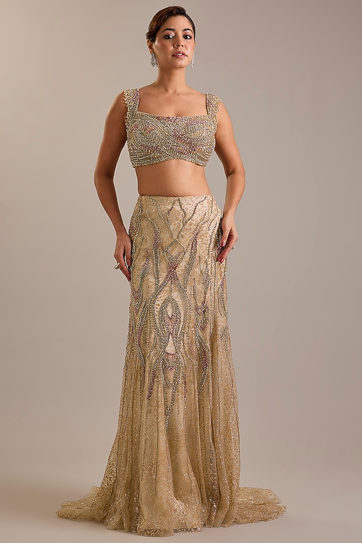 Pale Gold Tulle Crystal Embroidered Draped Skirt Bridal Saree Set by Dolly J at Pernia's Pop Up Shop