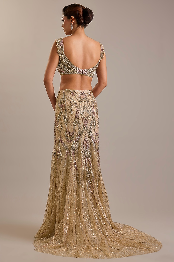 Pale Gold Tulle Crystal Embroidered Draped Skirt Bridal Saree Set by Dolly J at Pernia's Pop Up Shop