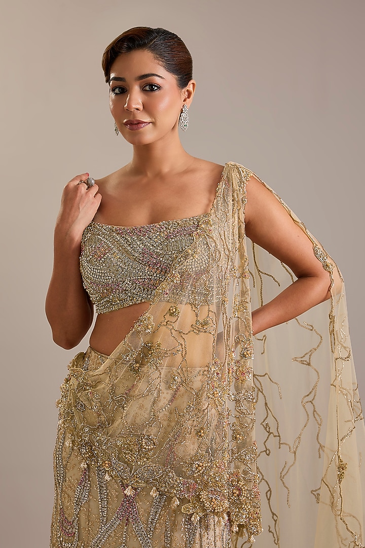 Pale Gold Tulle Crystal Embroidered Draped Skirt Bridal Saree Set by Dolly J at Pernia's Pop Up Shop