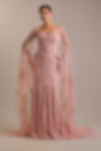 Pink Georgette Bead Embroidered Skirt Set by Dolly J at Pernia's Pop Up Shop